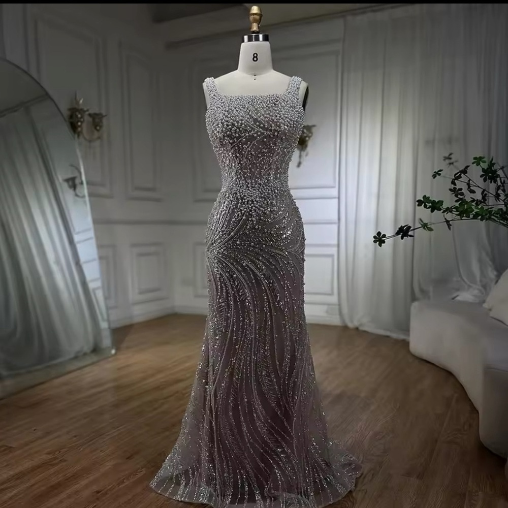 Evening Gown Pearl Beaded Show Stopping Elegant Dress - Picture 3 of 12